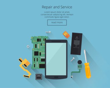 Mobil onarım ve kavram hizmet. Araçlar ve yedek parça ile Smarthone. Üstten Görünüm. Düz tasarım kavramları için web afiş, web siteleri, basılı materyalleri, infographics. Yaratıcı vektör çizim