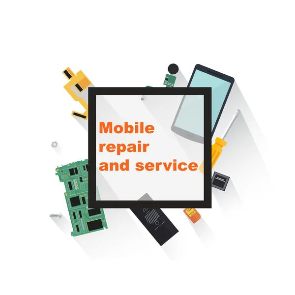 Concepto de reparación y servicio móvil. Smartphone con herramientas y repuestos. Vista superior. Conceptos de diseño plano para banners web, sitios web, materiales impresos, infografías. Ilustración vectorial creativa — Vector de stock