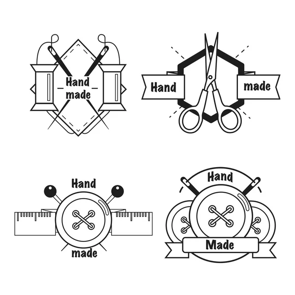 Icone a righe sottili nere fatte a mano su sfondo bianco. Set logo officina artigianale per cucire. Illustrazione vettoriale — Vettoriale Stock