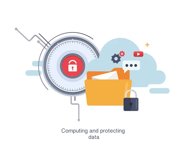 Concept de cloud computing et de protection des données, technologie réseau. Contenu multimédia et hébergement de sites Web.Sécurité et protection. Service Cloud. Illustration vectorielle. Conception plate . — Image vectorielle