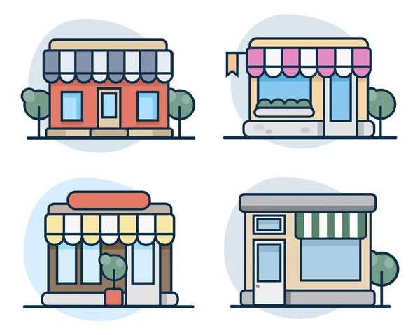 Conjunto de lojas de design de ícones de linha plana vetorial, loja e ícones de fachada de supermercado . — Vetor de Stock