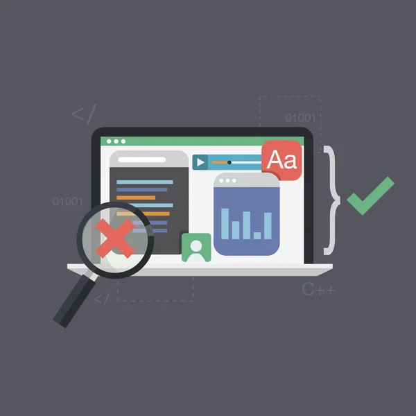 ソフトウェア テスト、プログラミング コードのベクトル図です。テスト ソフトウェアをされています。フラットなデザイン. — ストックベクタ