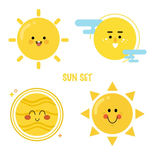 Icône du soleil couchée. Collection de soleils souriants.Personnages de dessins animés lumineux. Illustration vectorielle — Image vectorielle