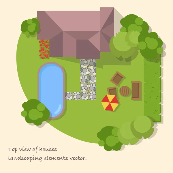 Pohled shora země s domem, nádvoří, trávníku a bazénem. Pohled shora domu. Vektorové ilustrace. — Stockový vektor