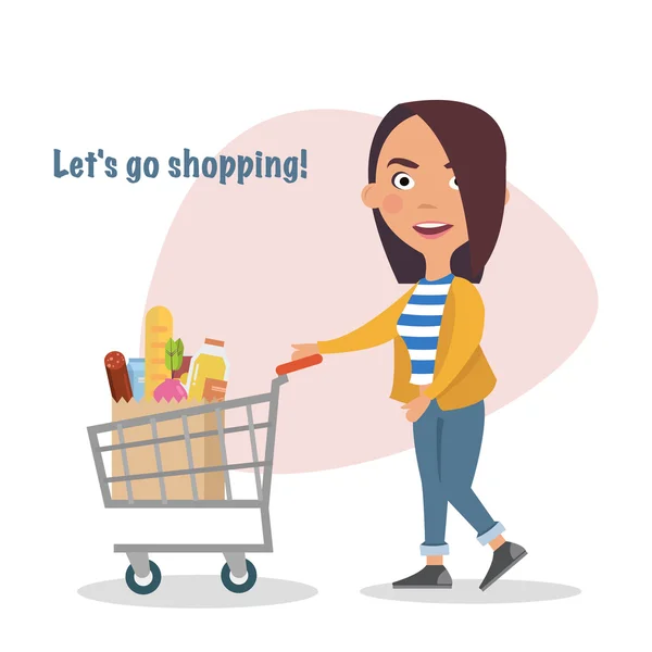 Menina feliz e carrinho de compras cheio de comer, bens, alimentos, bebidas, beleza. Comprador. Vendas. Ilustração vetorial de um desenho plano — Vetor de Stock