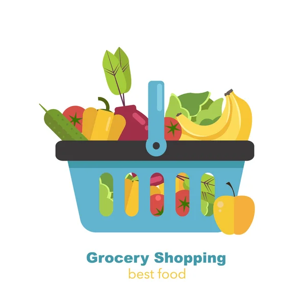 Bevásárló kosár gyümölcsöt és zöldséget. Egészséges bio friss és természetes ételek, vegetáriánus étrend. Lapos vektor illustratio — Stock Vector