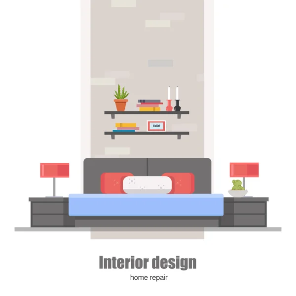 Υπνοδωμάτιο εσωτερικό. Σπίτι εσωτερικό σχεδιασμό έννοια γίνεται σε σύγχρονο στυλ επίπεδη. Μπορεί να χρησιμοποιηθεί για σχεδίαση infographics, στοιχεία web. — Διανυσματικό Αρχείο