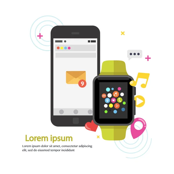 Pantalla de dispositivo de reloj inteligente con iconos de aplicaciones y teléfonos inteligentes. Tecnología de reloj inteligente. Diseño plano vector ilustración — Vector de stock