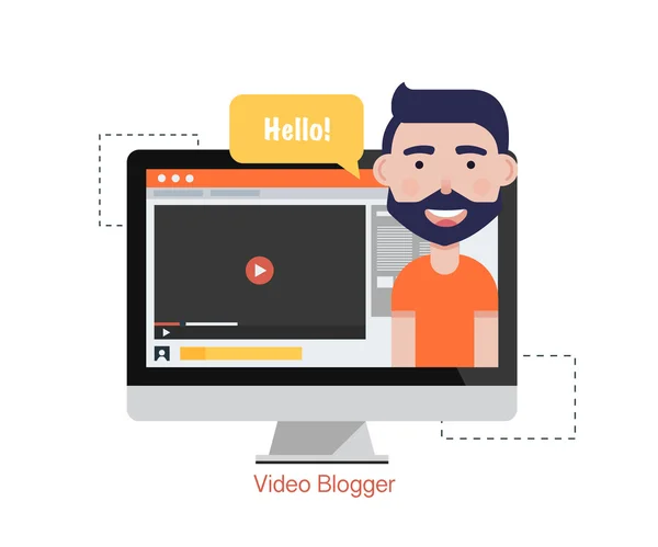 Man Blogger Video Computer. Concept bloggen. Digitale blog. Platte vectorillustratie — Stockvector