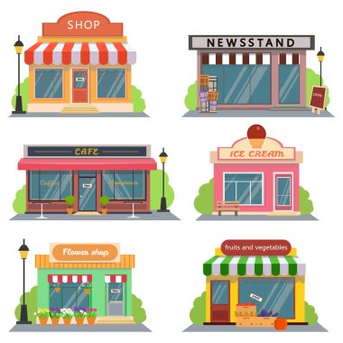 Dükkan ve mağazalarda simgeler düz tasarım stili ayarlayın. Dükkanı, gazete Dükkanı, Kahve Dükkanı, dondurma Dükkanı, çiçekçi, sebze ve meyve depolar. Vektör çizim