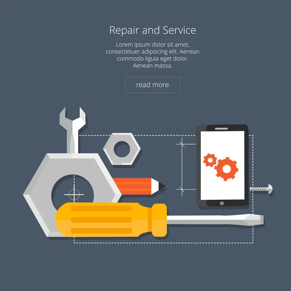 Concepto de reparación y servicio móvil. Smarthone con herramientas. Reparación de teléfonos inteligentes electrónicos. Icono plano diseño moderno concepto de estilo — Vector de stock