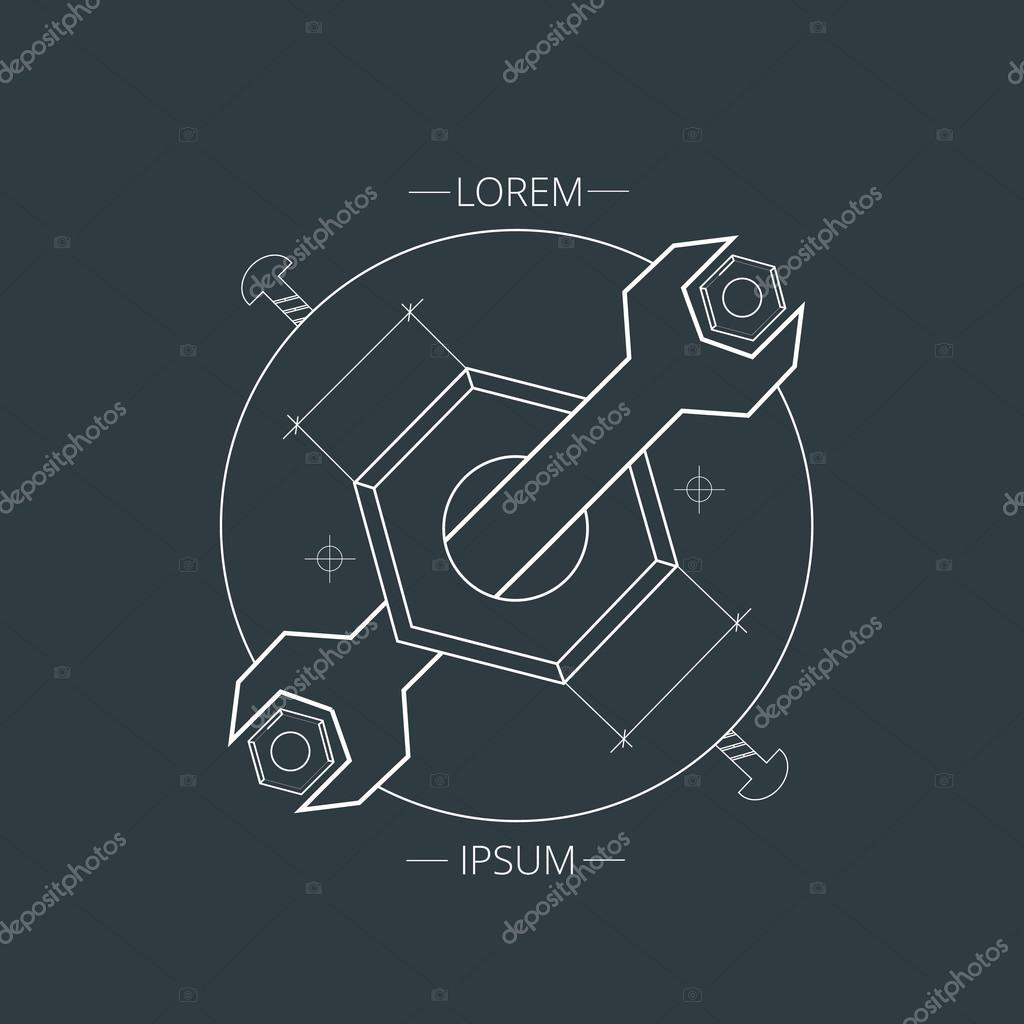 Creative graphic design logo element. Wrench and bolt on a dark background