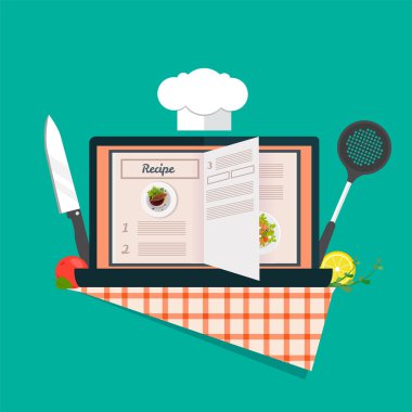 Düz tasarım vektör illüstrasyon kavramı evde arama yemek tarifleri, mutfak yönergeleri, dizüstü bilgisayar ile online yemek tarifleri, yemek pişirmek için.