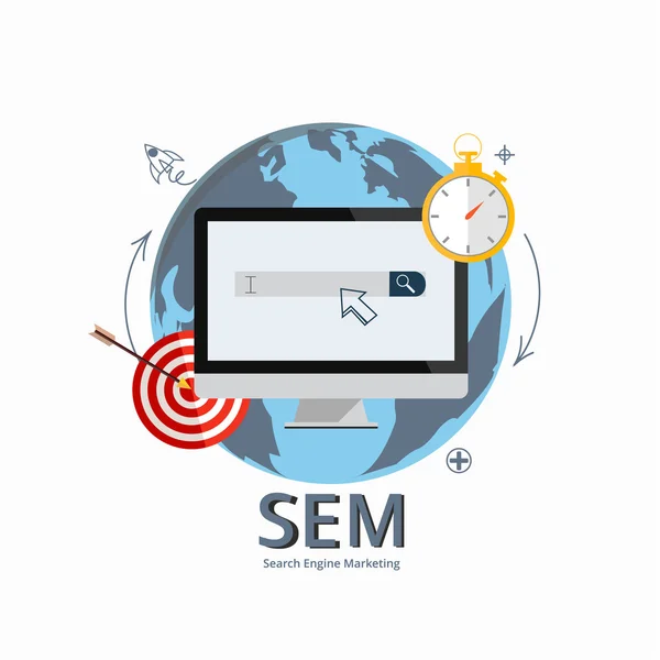 Lapos stílusú modern vektoros illusztráció koncepció a Sem - Search Engine Marketing, digitális marketing, a kreatív internetes stratégia és piaci promóció üzletfejlesztési. — Stock Vector