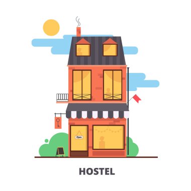 City hostel otel düz renk illüstrasyon. Turizm Sanayi madde düşük maliyetli hostel cephe bina