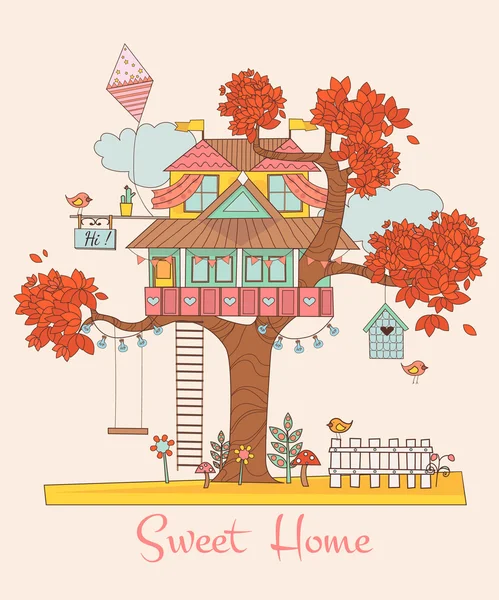 Sweet Home. Kaart met de boomhut. Achtergrond met schattige vogels en bloemen. vectorillustratie — Stockvector