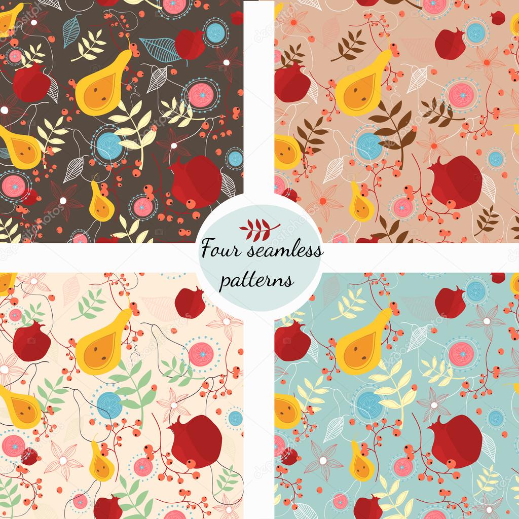 Floral seamless patterns in vector Cute flowersfruitsleaves for