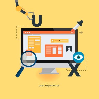 UX tasarım web Infographic kavramı vektör. Kullanıcı arabirimi deneyimi, kullanılabilirlik, mockup, tel çerçeve geliştirme. En iyi duruma getirme kullanıcı deneyimi e-ticaret.