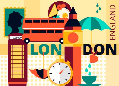 Düz modern vektör Londra kartı, Big Ben, Çift katlı ve telefon ile Büyük Britanya'nın başkenti