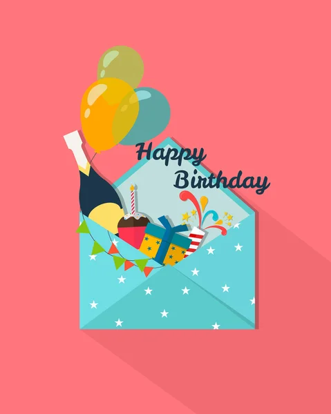 Glückwunsch zum Geburtstag Grußkarte. Postumschläge mit Luftballons, Kuchen, Champagner, Geschenk, Petard.flat Stil modernes Design Vektor Illustration — Stockvektor