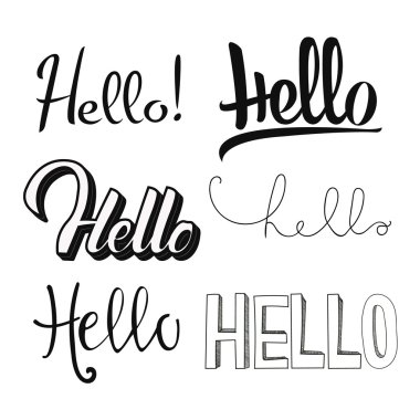 Farklı Merhaba. Elle çizilmiş tasarımınız için farklı catchwords. Dekoratif öğeler.