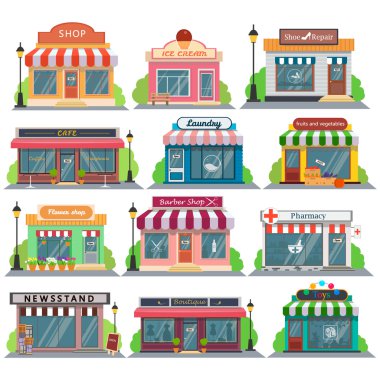 Set of vector flat design restaurants and shops,stores facade icons.Includes shop,newspaper,coffee shop,ice cream shop,flower shop,vegetable,fruit store,Laundry,barber, shoe repair, pharmacy, boutique, toy store. clipart