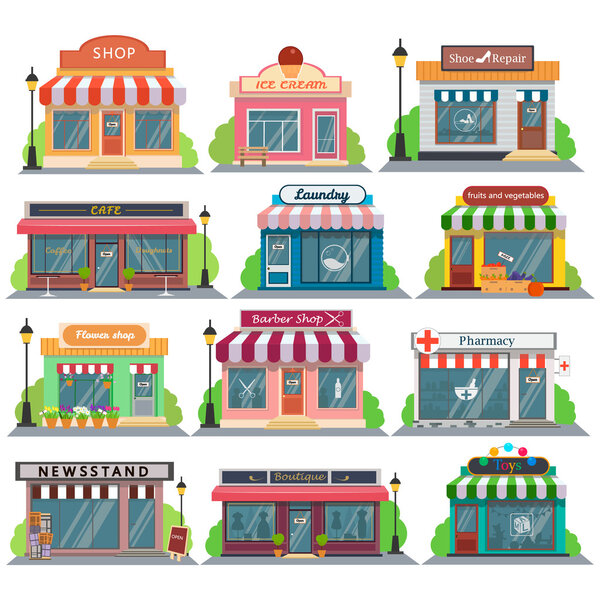 Set of vector flat design restaurants and shops,stores facade icons.Includes shop,newspaper,coffee shop,ice cream shop,flower shop,vegetable,fruit store,Laundry,barber, shoe repair, pharmacy, boutique, toy store.