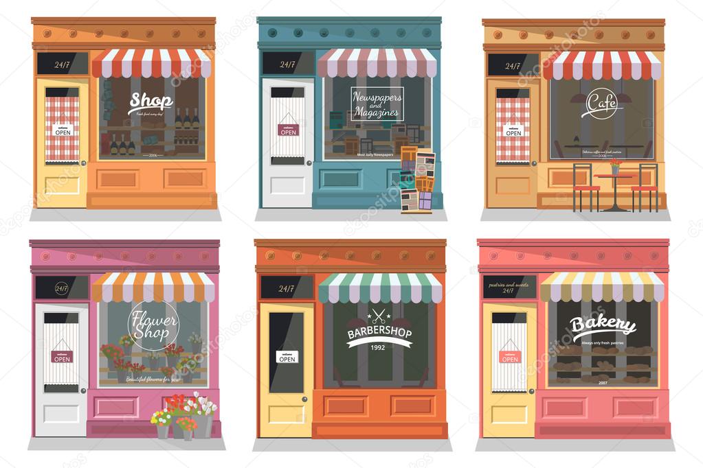 Shops and stores facade icons set in flat design style. Shop, Newspaper shop, Cafe, Barber, Flower shop, Bakery. Vector illustration