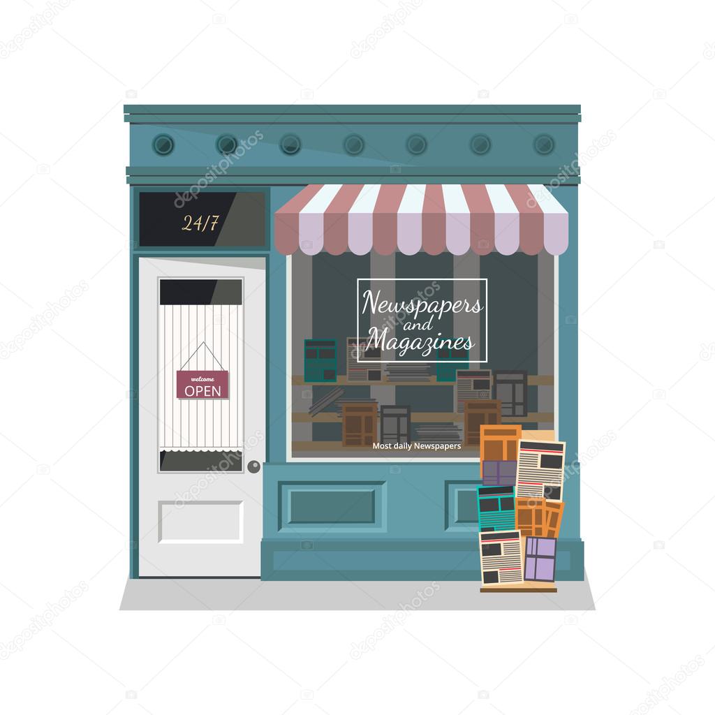 Newsstand selling newspapers and magazines.Press kiosk. Vector illustration.