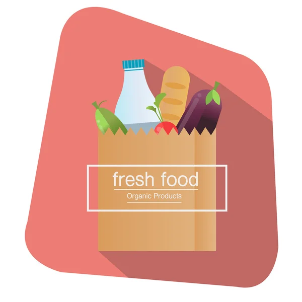 Επίπεδη σχεδίαση χρωματιστό διανυσματικά εικονογράφηση χαρτοσακούλα, πακέτο με προϊόντα τροφίμων και ποτών. Λαχανικά, ψωμί, γαλακτοκομικά προϊόντα. — Διανυσματικό Αρχείο