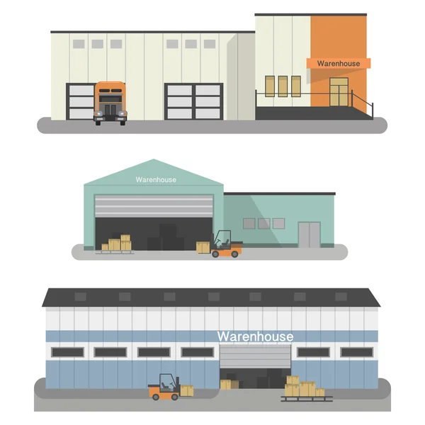 Magazijn gebouw platte pictogrammen ingesteld met transportvoertuigen geïsoleerde vector illustratie — Stockvector