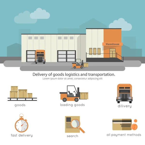 Szállítás és a rakomány transportation.warehouse szolgáltatás. szállítási szolgáltatás, ipari áru és csomag, logisztikai, ipari-, export- és terjesztési termelési illusztráció — Stock Vector