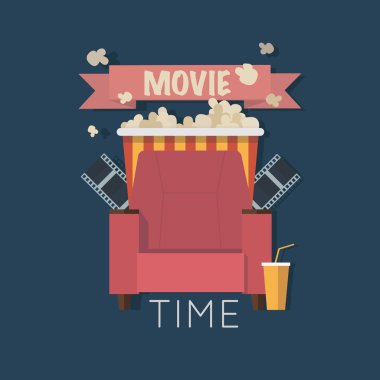 Film zaman düz tasarlamak. Konsept tasarımı ev film kanepe, patlamış mısır, film izlerken. Web, grafik, hareket tasarımı için idealdir