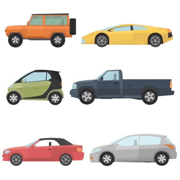 Car set. Vehicles in flat colors style.Side view, isolated.Jeep and cabrio, sedan and hatchback,sports car and minicar — Stock Vector