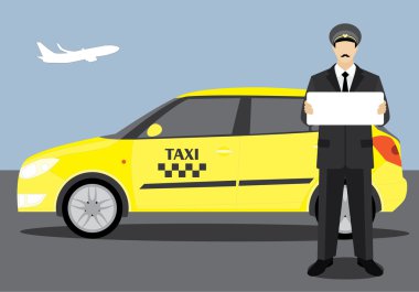 Bir afiş ve taksi araba ile havaalanında tanışan sürücü.