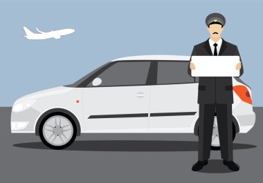 Bir afiş ve beyaz araba ile havaalanında tanışan sürücü.