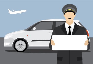 Bir afiş ve beyaz araba ile havaalanında tanışan sürücü.