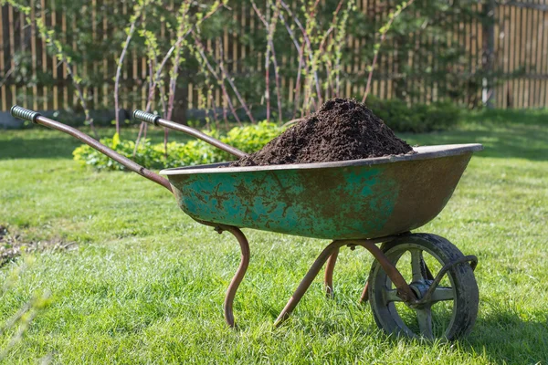 Yeşil çimlerde gübre dolu el arabası 