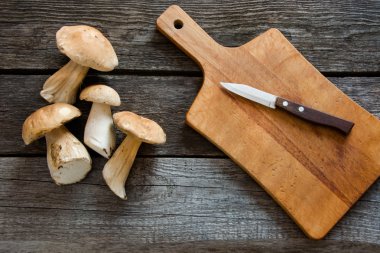 Ormandaki bir rustik ahşap masa, havai görünümü üzerinde taze beyaz mantar.