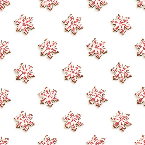 白色背景的雪片形状圣诞姜饼的无缝图案 圣诞节的背景摘要 — 图库照片