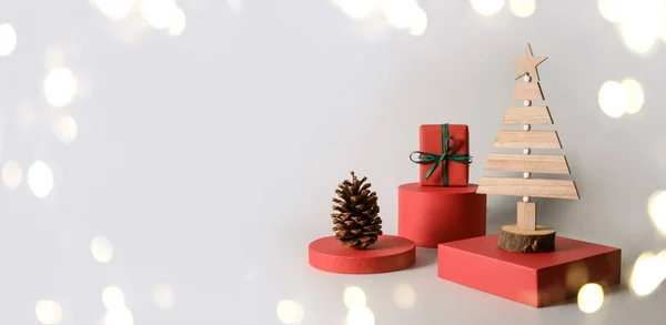 Bandiera Natale Stand Con Regalo Cono Albero Natale Decorativo Modello — Foto Stock
