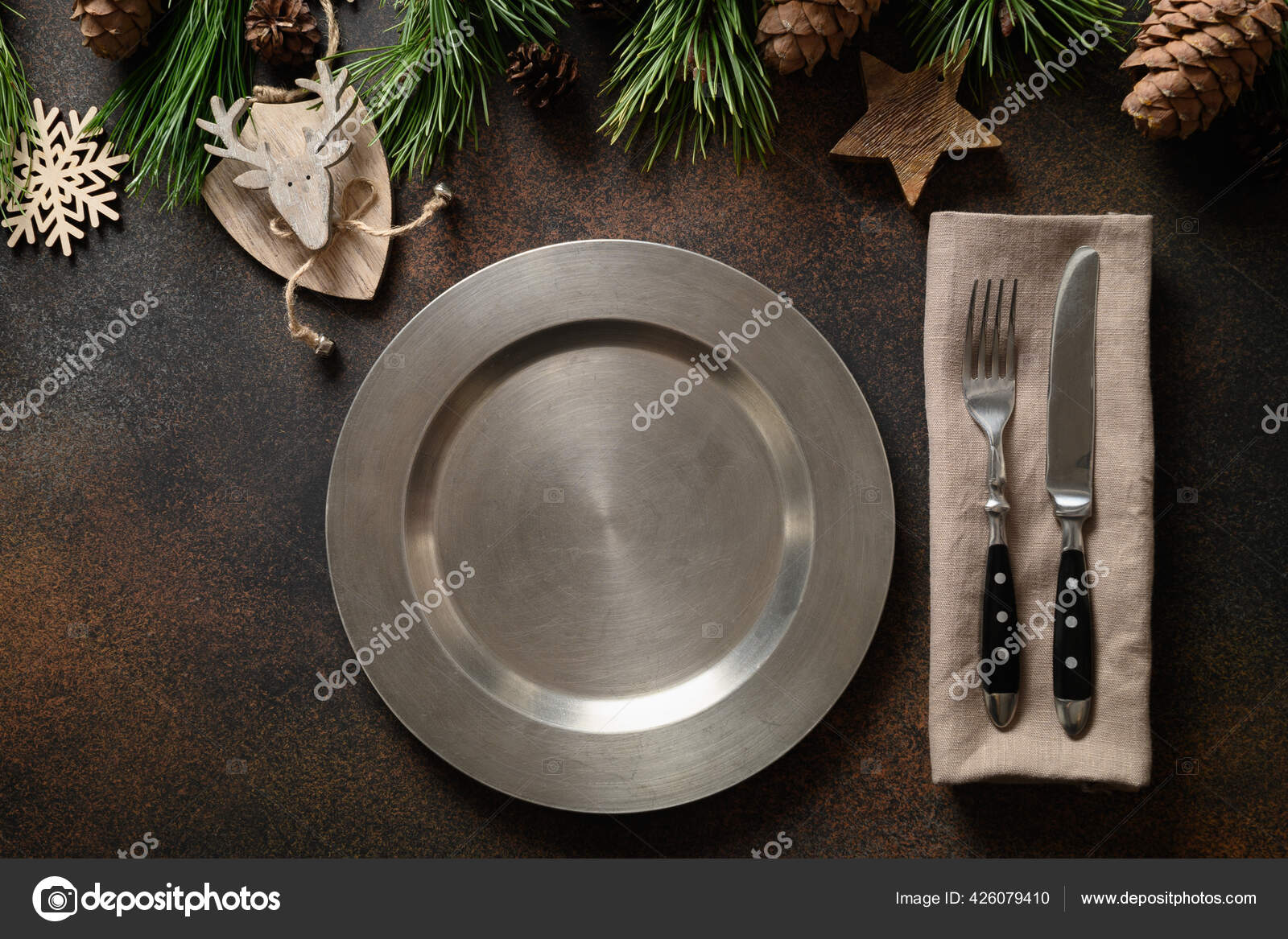 Navidad Rústica Casa Mesa Con Plato Vacío Decoración Madera