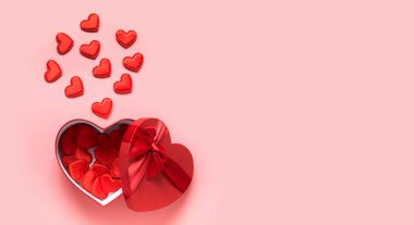 Kırmızı kutular ve pembe kalplerle Sevgililer Günü konsepti.
