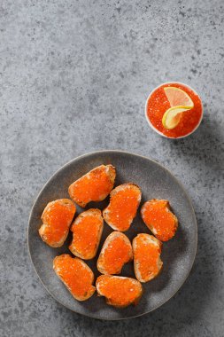 Şenlik partisi için kırmızı havyarlı kanepe. Yukarıdan bak. Dikey biçim.