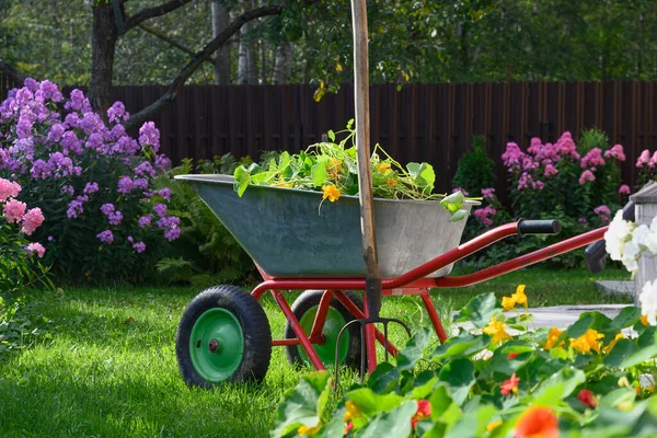 Carriola piena di compost in cortile — Foto Stock