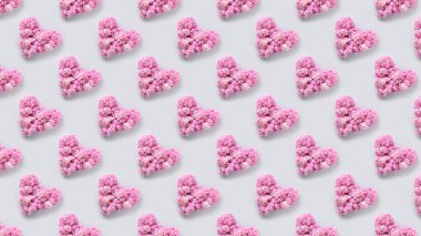 Gri arkaplanda pembe ortanca çiçeklerinin kusursuz deseni. Tebrik kartı. Çiçek deseni.