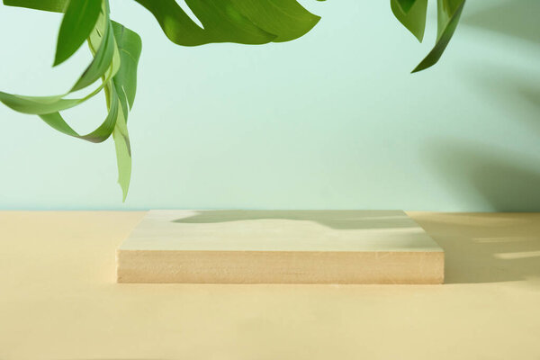 Минимальный современный фон для косметических продуктов с тенью листьев на нейтральном бежевом фоне. Копирование пространства.