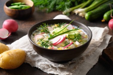 Kefir soslu soğuk okroshka çorbası. Taze Rus okroshka yazın kesilmiş sebze, salatalık, turp, patates, haşlanmış yumurta kefir ya da havayla baharatlı otlar, karbonatlı su..