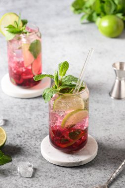 İki mojito, limon, nane ve gri arka planda buz..