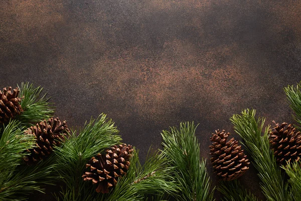 Weihnachtsbordüre Mit Immergrünen Zweigen Und Zapfen Auf Braunem Hintergrund Neujahr — Stockfoto